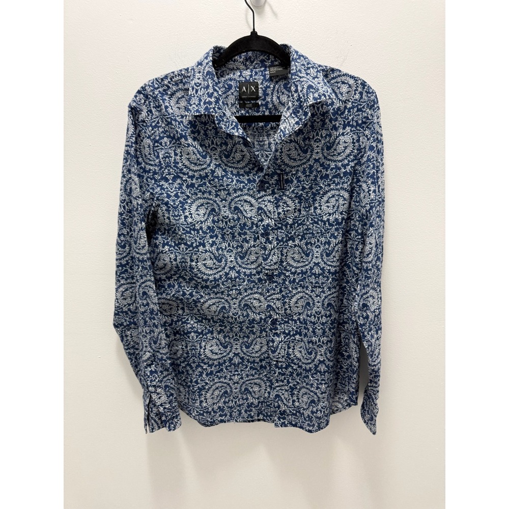 Armani Exchange Mens Navy Blue White Paisley Cotton Button Down Shirt Size M
